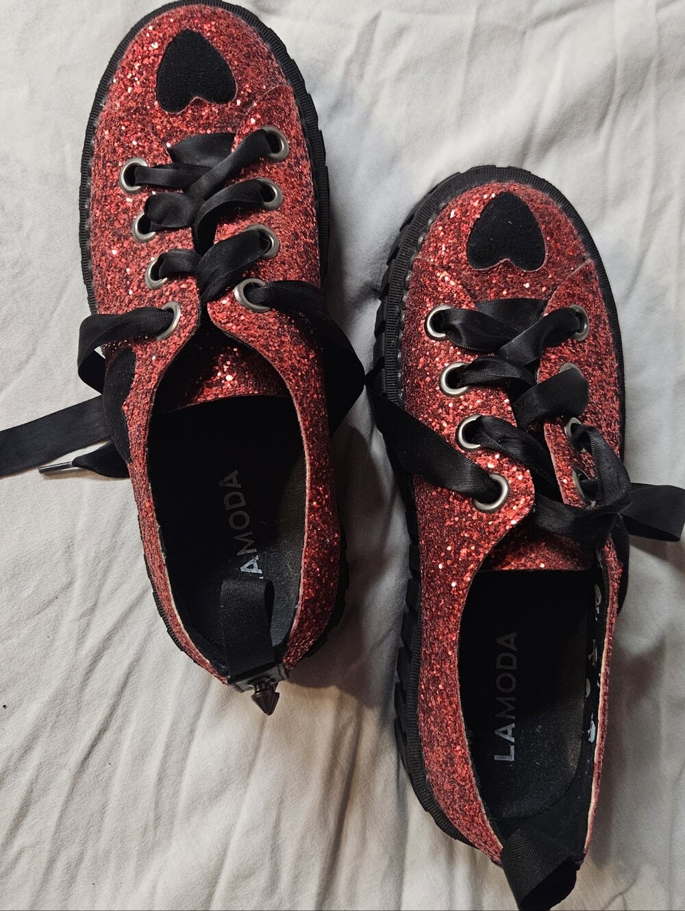 LAMODA Red Glitter Combat Boots with Black Heart Accent